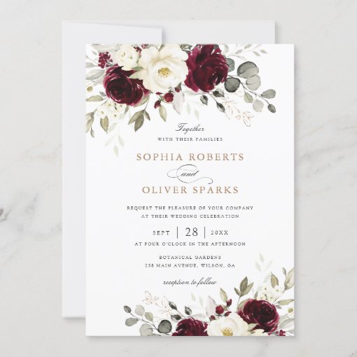 Floral Burgundy White Greenery Elegant Wedding Invitation | Zazzle