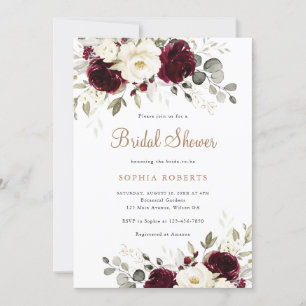 Floral Burgundy White Greenery Gold Bridal Shower Invitation