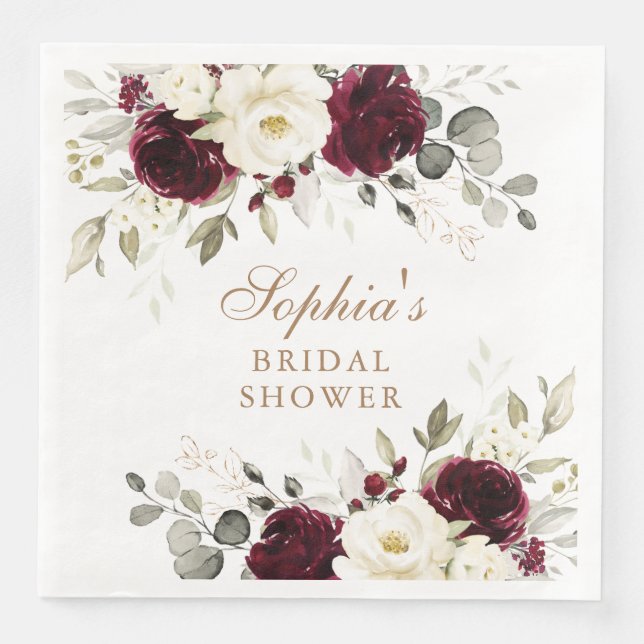 Floral Burgundy White Greenery Gold Bridal Shower  Paper Dinner Napkins (Front)