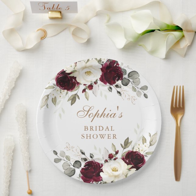 Floral Burgundy White Greenery Gold Bridal Shower Paper Plates (Wedding)