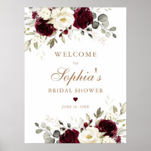 Floral Burgundy White Greenery Gold Bridal Shower Poster
