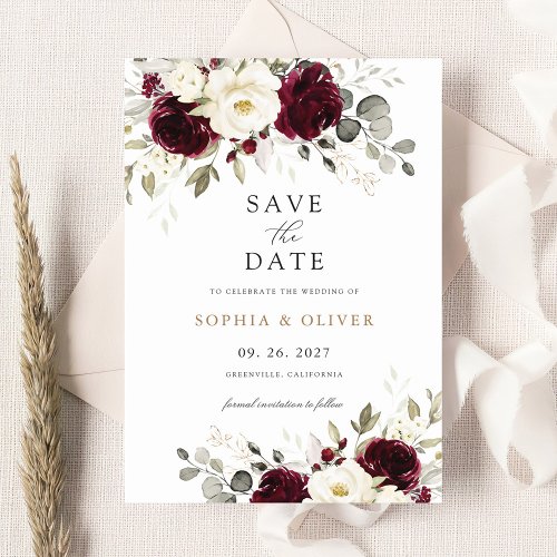 Floral Burgundy White Greenery Gold Save the Date Invitation
