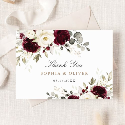 Floral Burgundy White Greenery Thank You Card