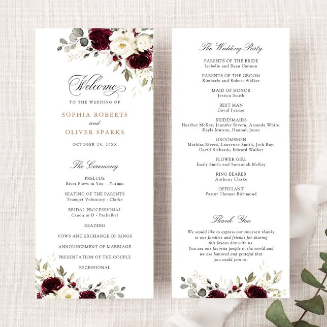 Floral Burgundy White Greenery Wedding Program (Creator Uploaded)