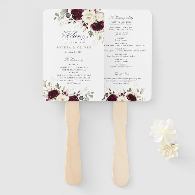 Floral Burgundy White Greenery Wedding Program Hand Fan (Front and Back)