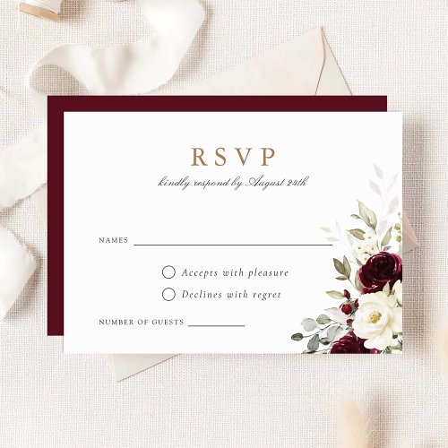 Floral Burgundy White Greenery Wedding RSVP Card