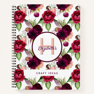 Floral burgundy white monogram elegant notebook