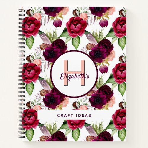 Floral burgundy white monogram elegant notebook