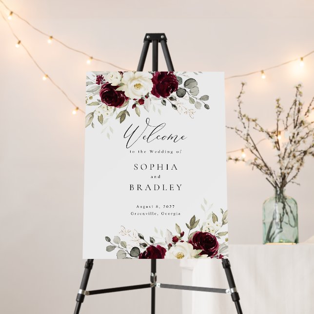 Floral Burgundy White Wedding Welcome Foam Board (In Situ (Stand))