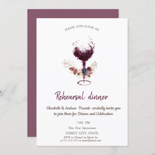  Floral Burgundy Wine Glass Rehearsal Dinner Invitation