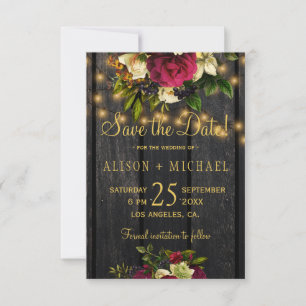 Floral burgundy wood PHOTO save the date wedding