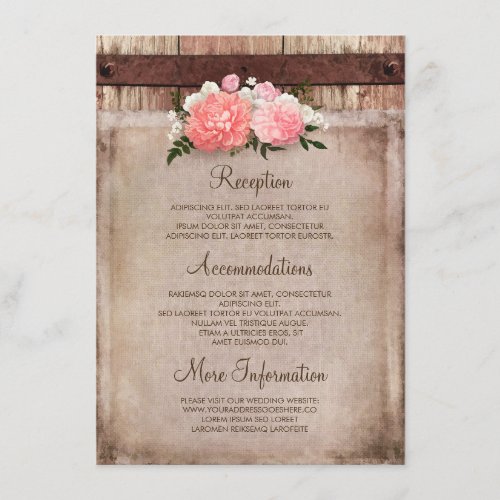 Floral Burlap and Rustic Wood Wedding Information Enclosure Card - Rustic barn wood, pink flowers and burlap country wedding insert with the reception details, accommodations and other information