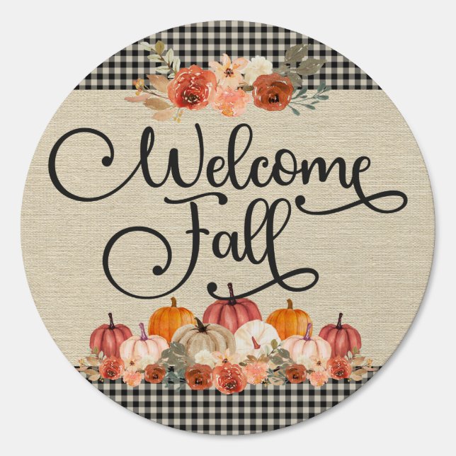 Floral Burlap, Pumpkins,Buffalo Plaid Welcome Fall Sign (Front)