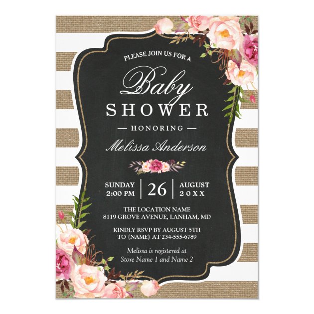 Floral Burlap Stripes Rustic Shabby Baby Shower Invitation