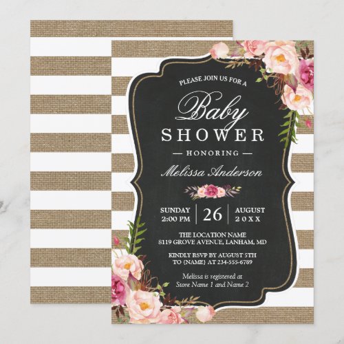 Floral Burlap Stripes Rustic Shabby Baby Shower Card