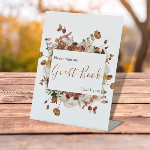 Floral Burnt Orange Burgundy Wedding Guest Book Pedestal Sign