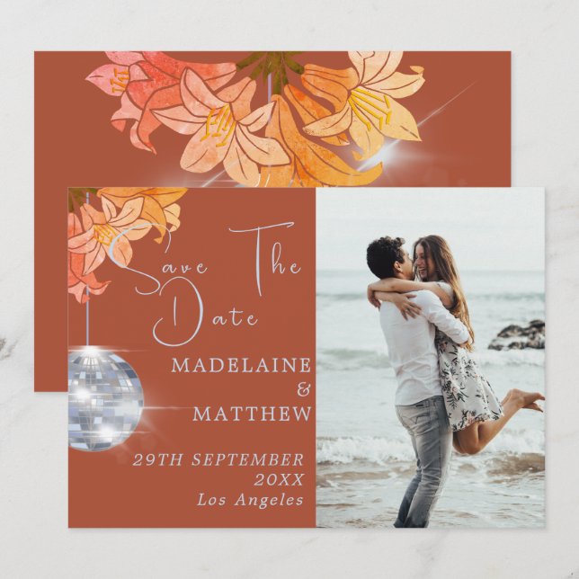 Floral Burnt Orange Disco Save The Date Wedding (Front/Back)