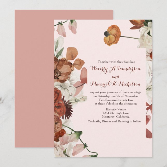 Floral Burnt Orange Dusty Rose Wedding invitations (Front/Back)