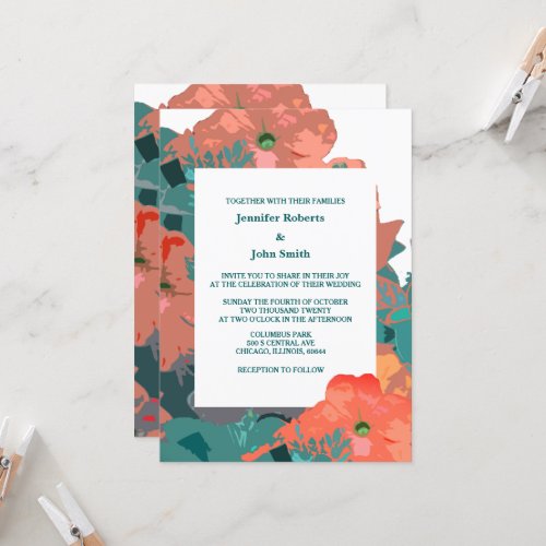 Floral Burnt Orange Green Artsy Trendy Wedding Invitation