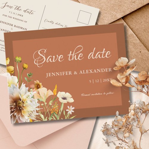 Floral Burnt Orange Rust Terracotta Save the Date Postcard