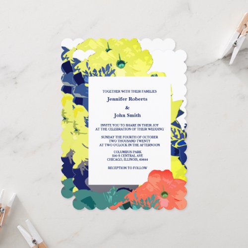 Floral Burnt Orange Yellow Navy Blue Green Wedding Invitation