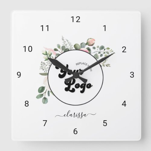 Floral Business Company Custom Logo  Name Girly Square Wall Clock