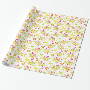 Floral butterflies and hearts spring pattern wrapping paper