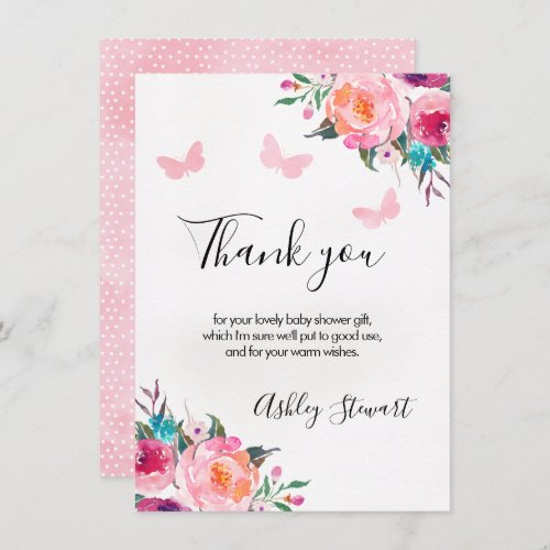 Floral Butterflies Baby Shower Thank You Card Girl