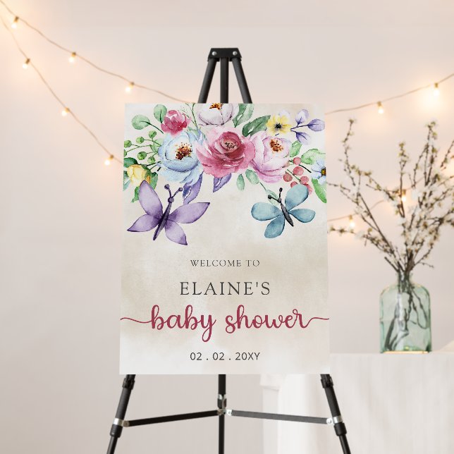 Floral Butterflies Baby Shower Welcome Sign (In Situ (Stand))
