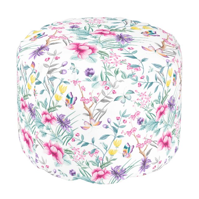Floral & Butterflies Chinoiserie Round Pouf (Angled Back)