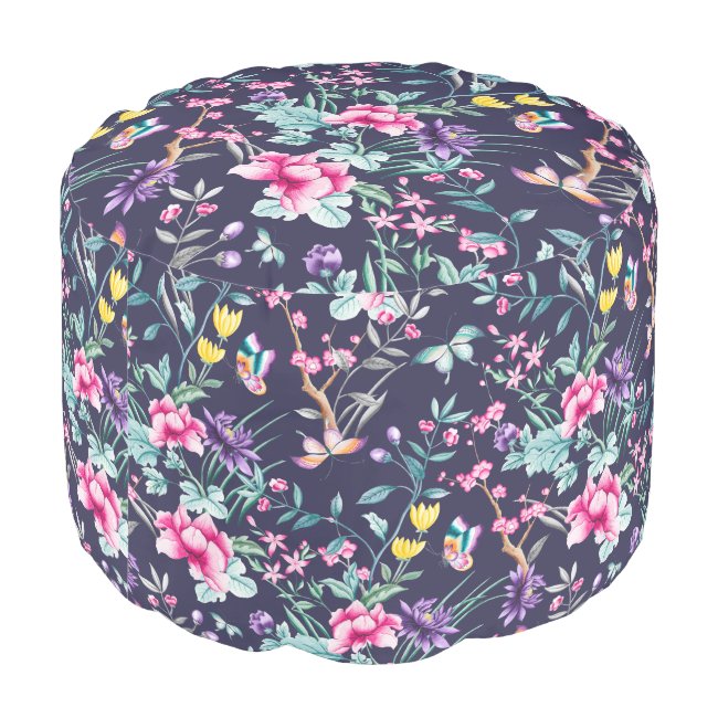Floral & Butterflies Chinoiserie Round Pouf