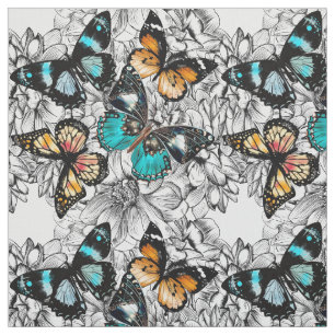 Floral Butterflies colorful sketch pattern Fabric