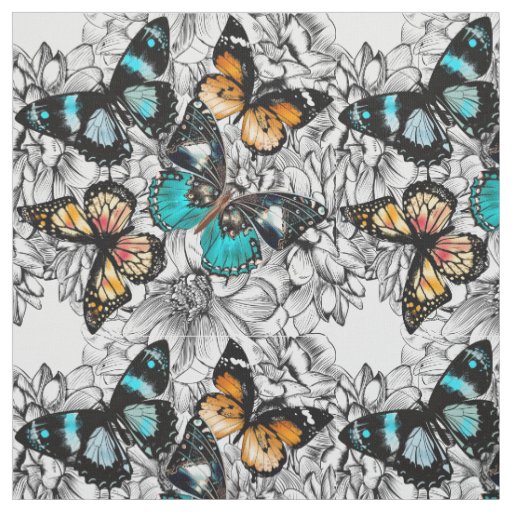 Floral Butterflies colorful sketch pattern Fabric