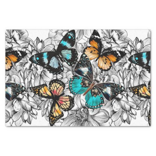 Floral Butterflies colorful sketch pattern Tissue Paper