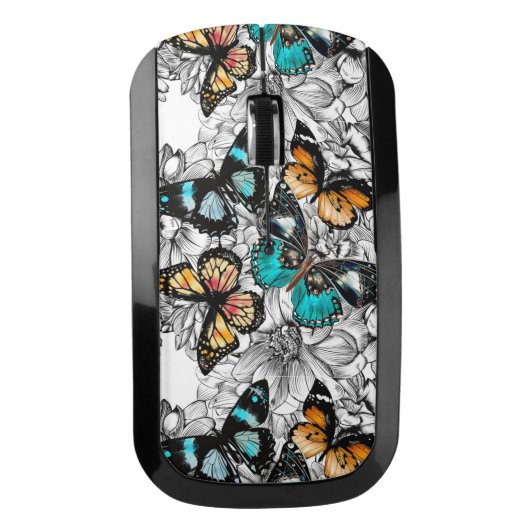 Floral Butterflies colorful sketch pattern Wireless Mouse (Front)