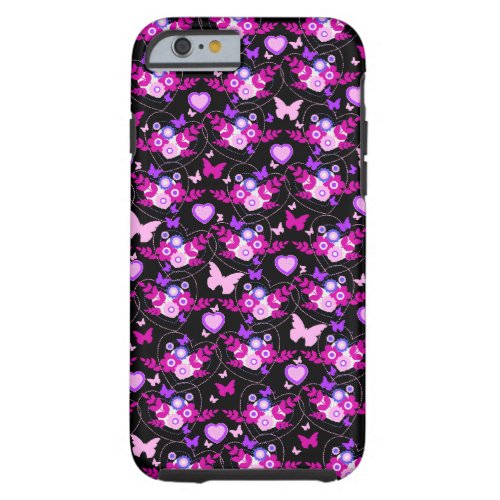 Floral butterflies  hearts black pink iphone case