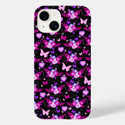 Floral butterflies  hearts pink black Case_Mate iPhone 14 case