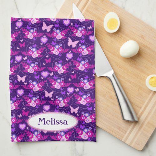 Floral butterflies hearts purple pink custom name kitchen towel