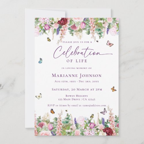 Floral Butterflies Memorial Celebration of Life Invitation