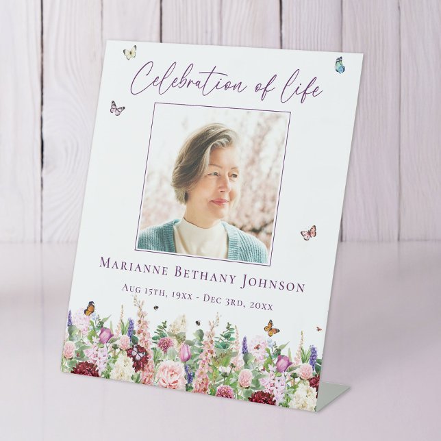Floral Butterflies Memorial Celebration of Life Pedestal Sign (Creator Uploaded)