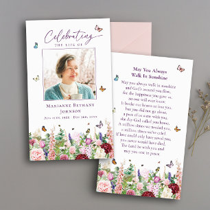 Floral Butterflies Memorial Funeral Prayer Card