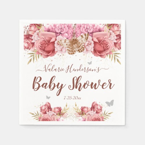 Floral Butterflies Pink Baby Shower Napkins