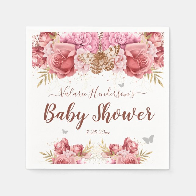 Floral Butterflies Pink Baby Shower Napkins (Front)