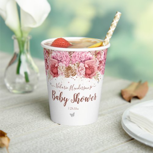 Floral Butterflies Pink Baby Shower Paper Cups