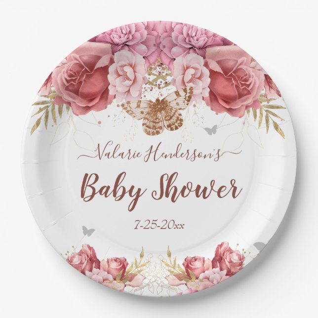 Floral Butterflies Pink Baby Shower Paper Plates (Front)