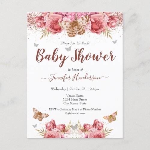 Floral Butterflies Pink Baby Shower Postcard