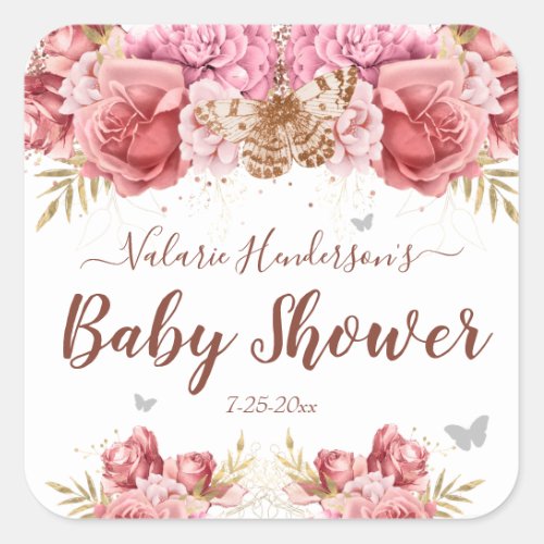 Floral Butterflies Pink Baby Shower Square Sticker