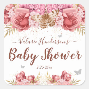 Floral Butterflies Pink Baby Shower Square Sticker