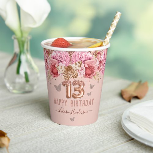 Floral Butterflies Pink Happy 13th Birthday Paper Cups