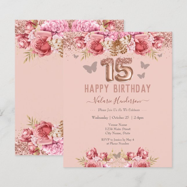 Floral Butterflies Pink Happy 15th Birthday (Front/Back)